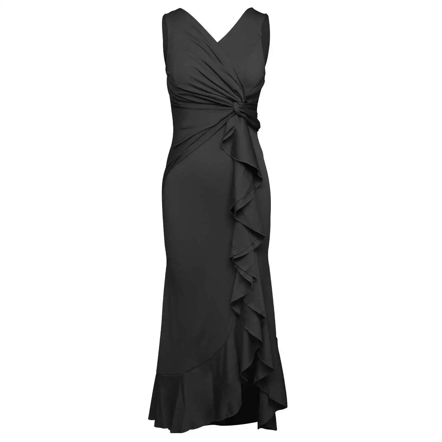 Women's Elegant V-Neck Sleeveless Split Slim Ruched Ruffles High Low Long Evening Dress