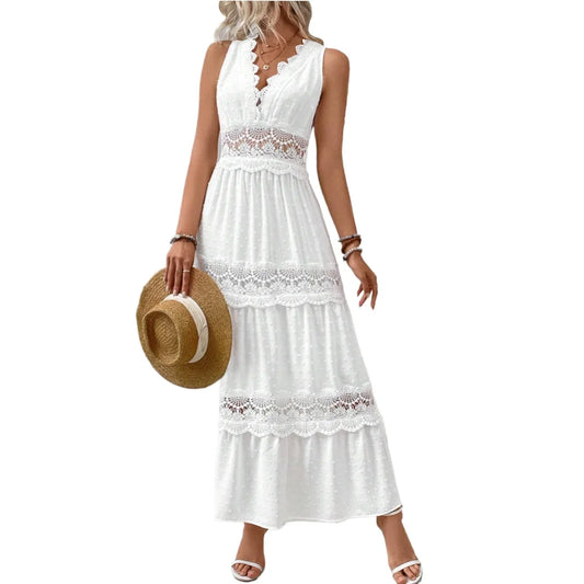 Women's Lace Splicing Double V-neck Sleeveless White Long Dress