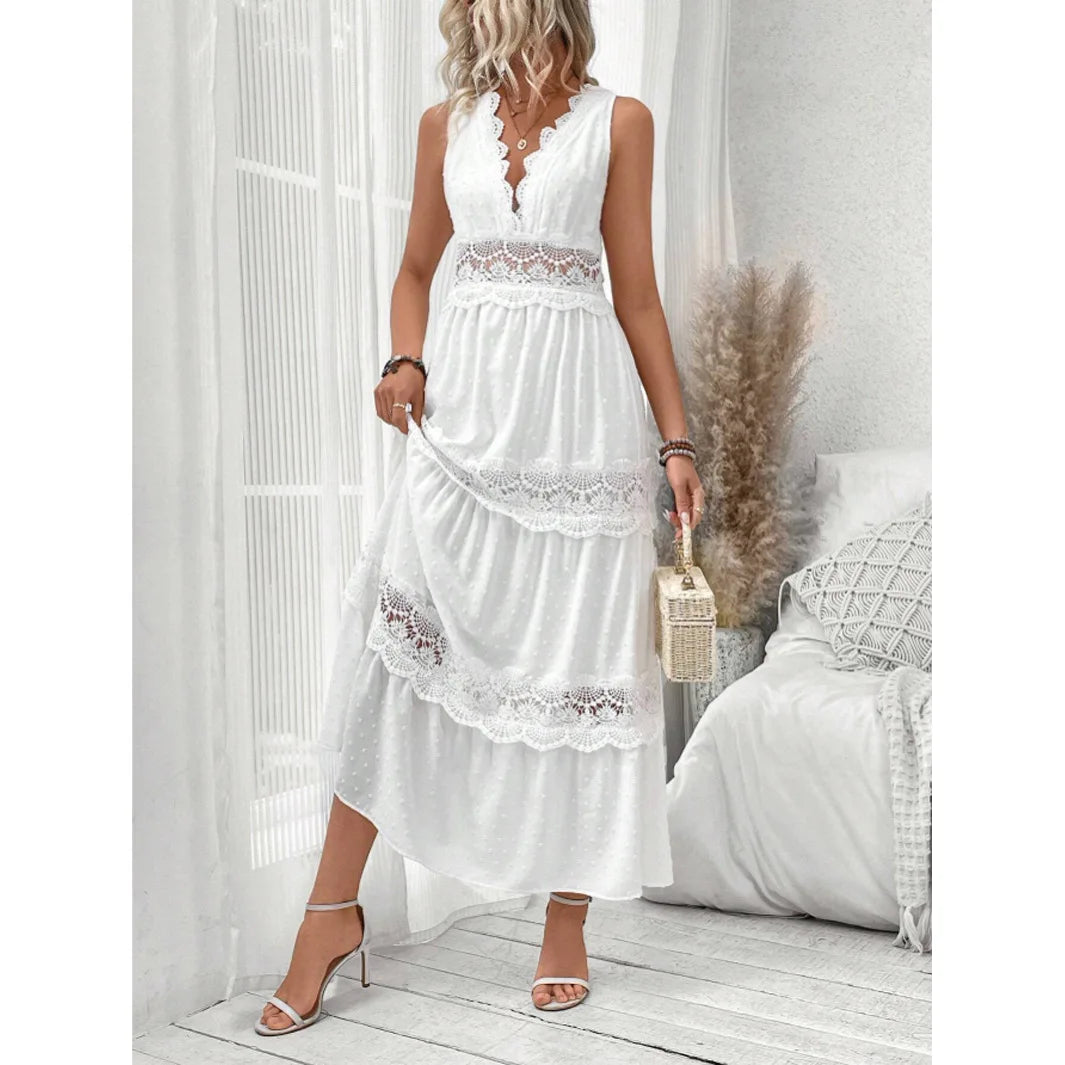 Women's Lace Splicing Double V-neck Sleeveless White Long Dress