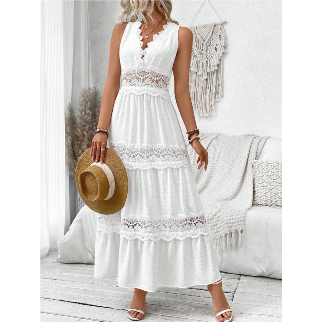 Women's Lace Splicing Double V-neck Sleeveless White Long Dress