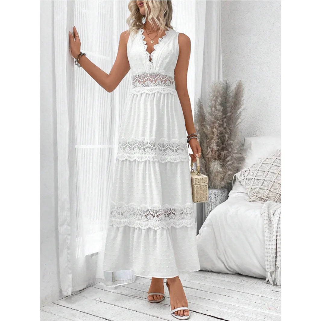 Women's Lace Splicing Double V-neck Sleeveless White Long Dress