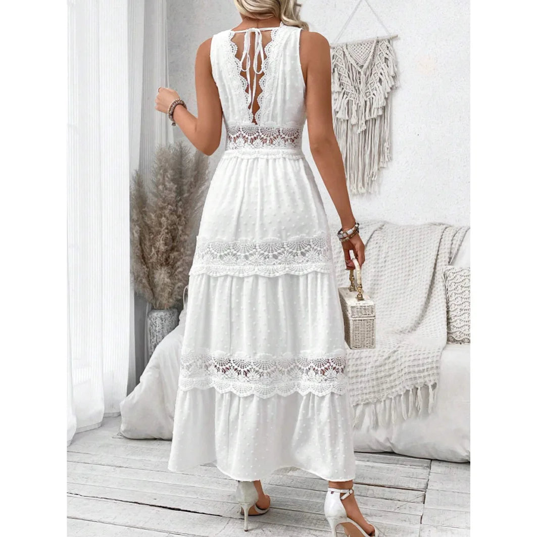 Women's Lace Splicing Double V-neck Sleeveless White Long Dress