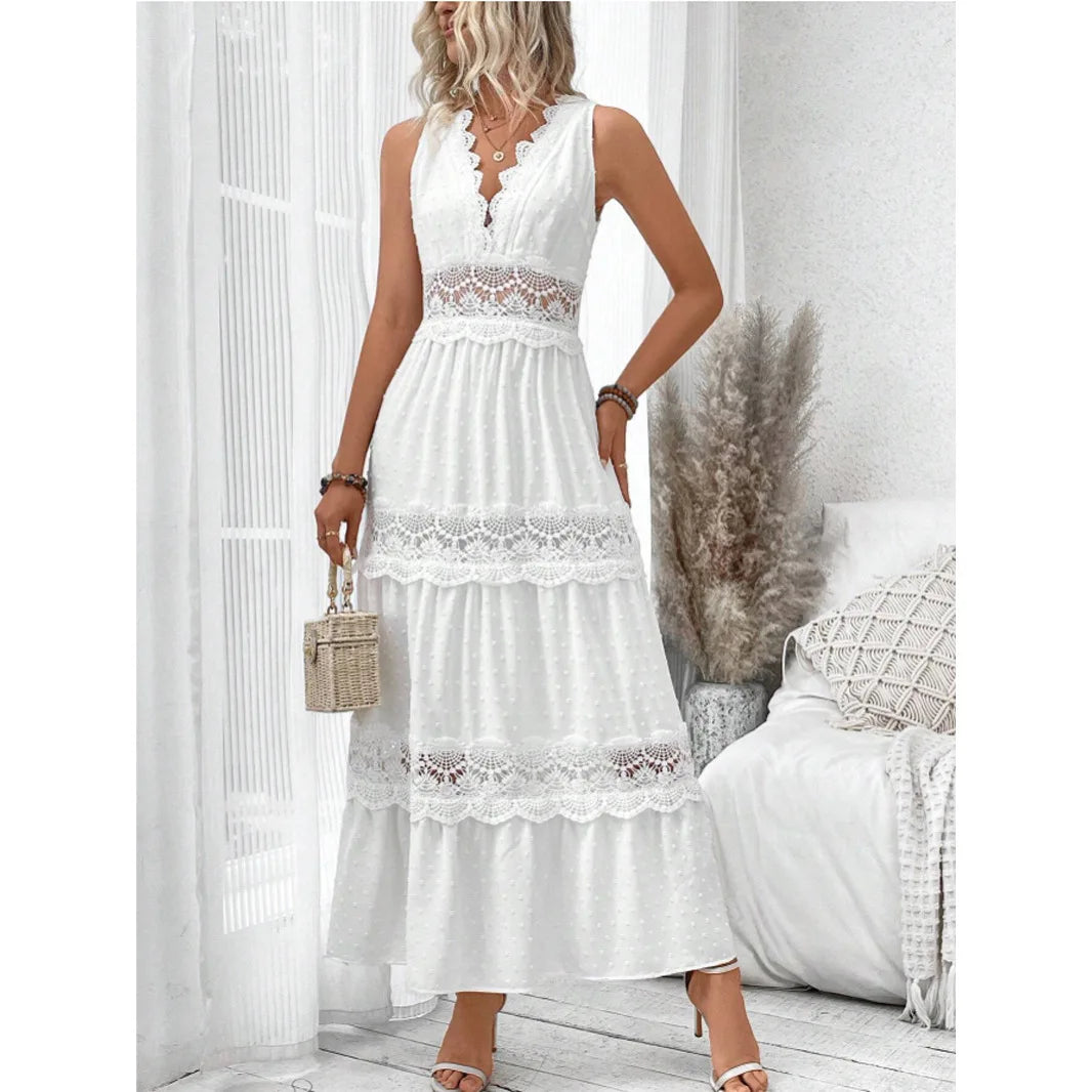 Women's Lace Splicing Double V-neck Sleeveless White Long Dress