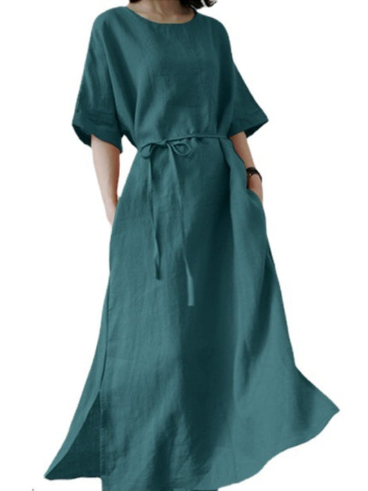 Women's Long Elegant Short sleeve Casual Belt Cotton Linen Dress