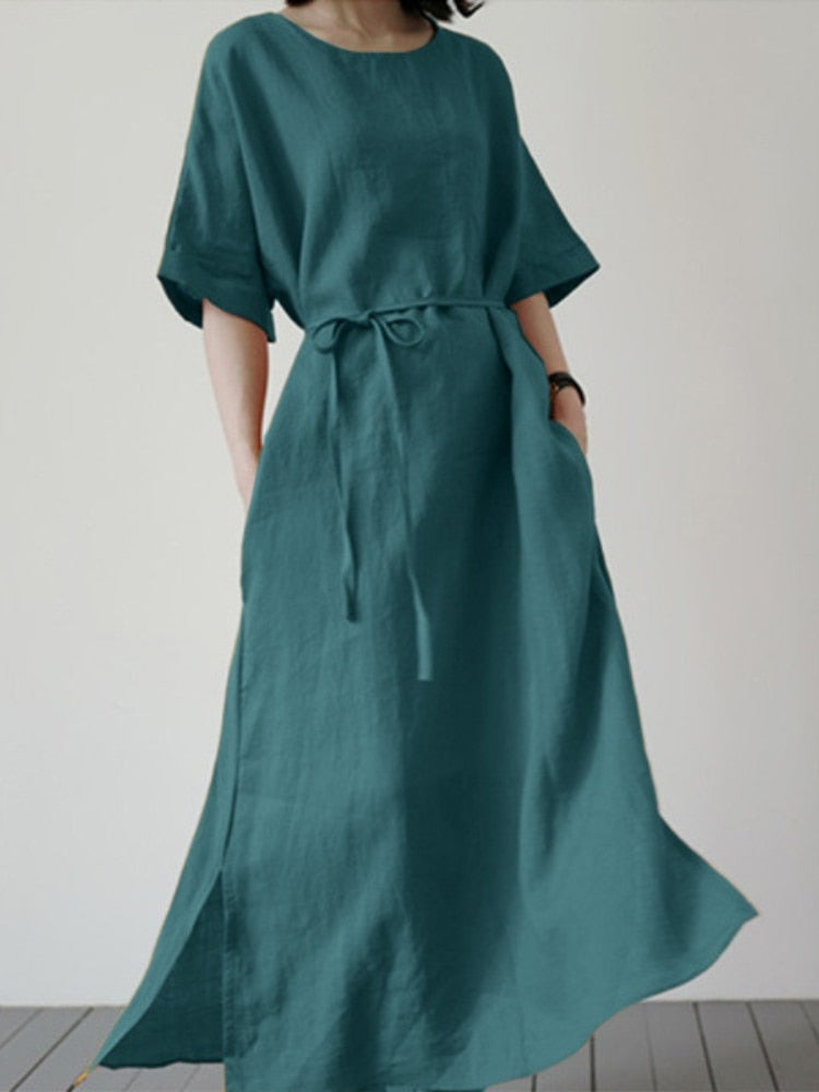 Women's Long Elegant Short sleeve Casual Belt Cotton Linen Dress