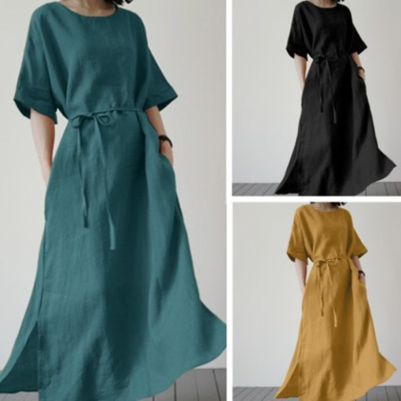 Women's Long Elegant Short sleeve Casual Belt Cotton Linen Dress