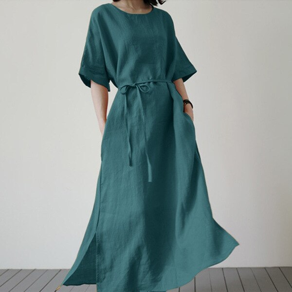 Women's Long Elegant Short sleeve Casual Belt Cotton Linen Dress