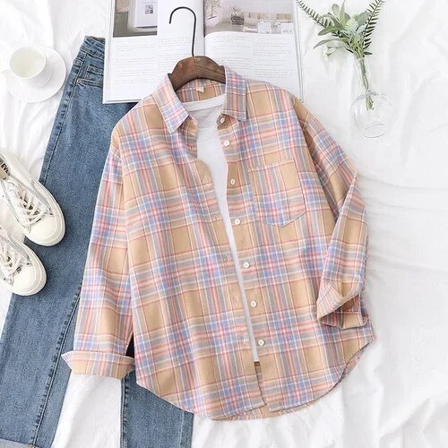 Women's Plaid Casual Short Joker Long Sleeve Shirt