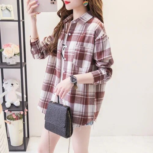 Women's Plaid Casual Short Joker Long Sleeve Shirt