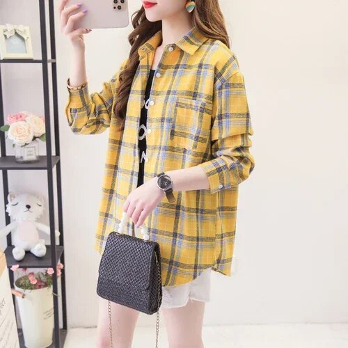 Women's Plaid Casual Short Joker Long Sleeve Shirt