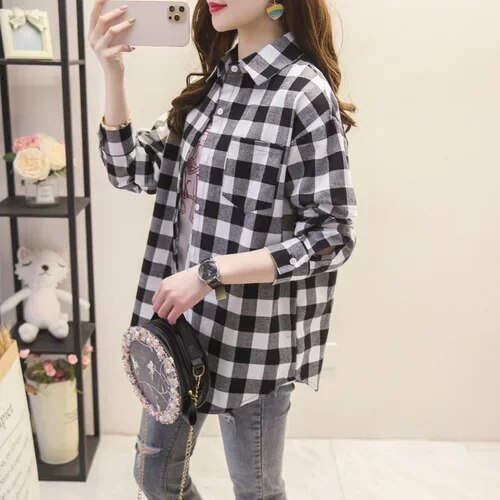 Women's Plaid Casual Short Joker Long Sleeve Shirt