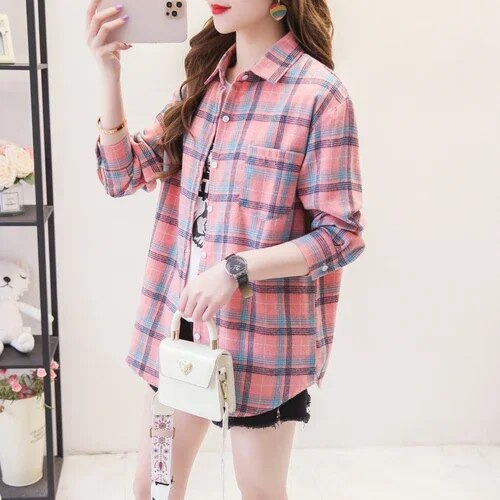 Women's Plaid Casual Short Joker Long Sleeve Shirt