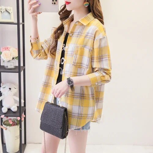 Women's Plaid Casual Short Joker Long Sleeve Shirt