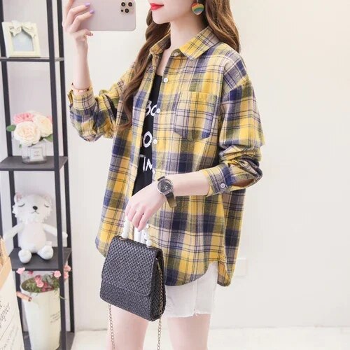 Women's Plaid Casual Short Joker Long Sleeve Shirt