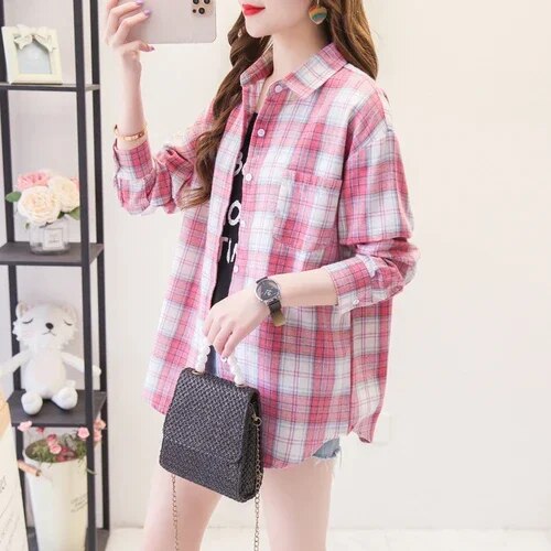 Women's Plaid Casual Short Joker Long Sleeve Shirt