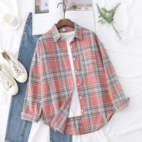 Women's Plaid Casual Short Joker Long Sleeve Shirt