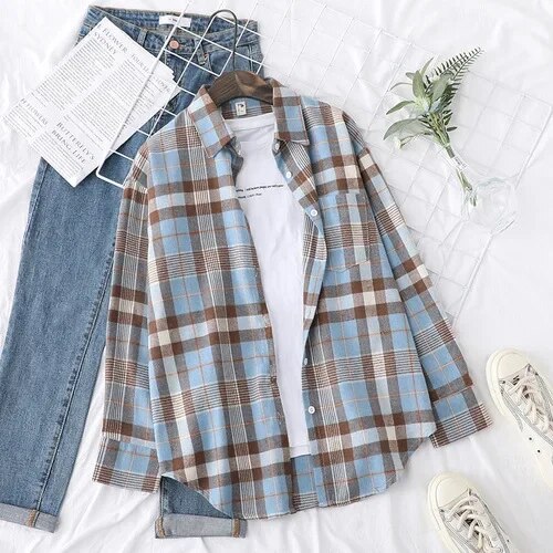 Women's Plaid Casual Short Joker Long Sleeve Shirt