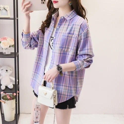 Women's Plaid Casual Short Joker Long Sleeve Shirt