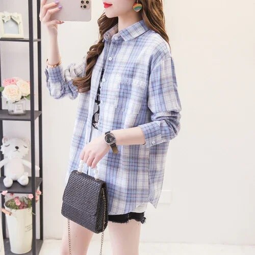 Women's Plaid Casual Short Joker Long Sleeve Shirt