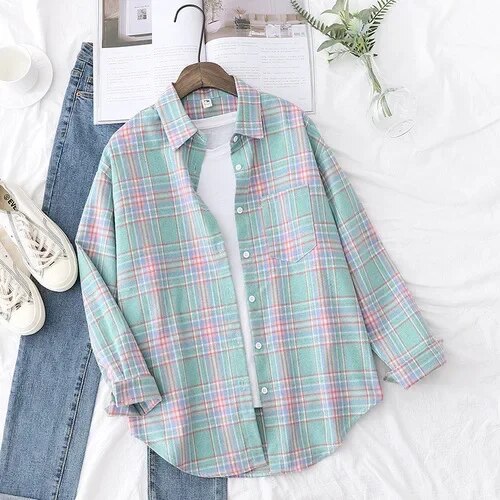 Women's Plaid Casual Short Joker Long Sleeve Shirt