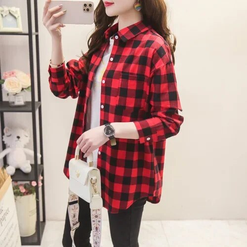 Women's Plaid Casual Short Joker Long Sleeve Shirt