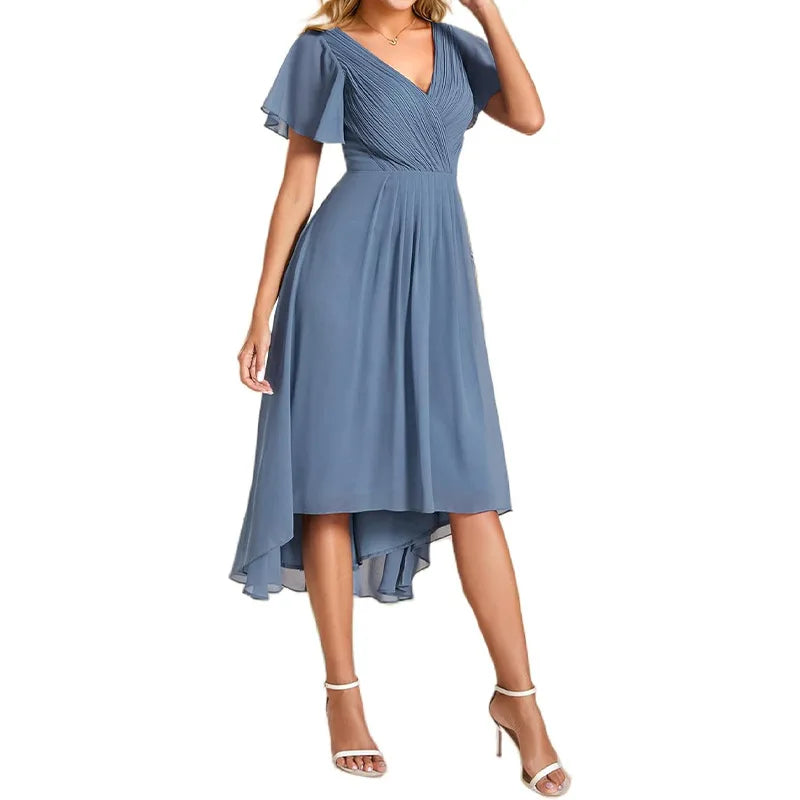 Women's Pleated Double V-Neck Halter Short Sleeve Chiffon Party Bridesmaid Cocktail Dress