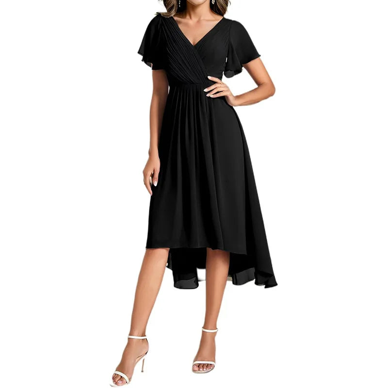 Women's Pleated Double V-Neck Halter Short Sleeve Chiffon Party Bridesmaid Cocktail Dress