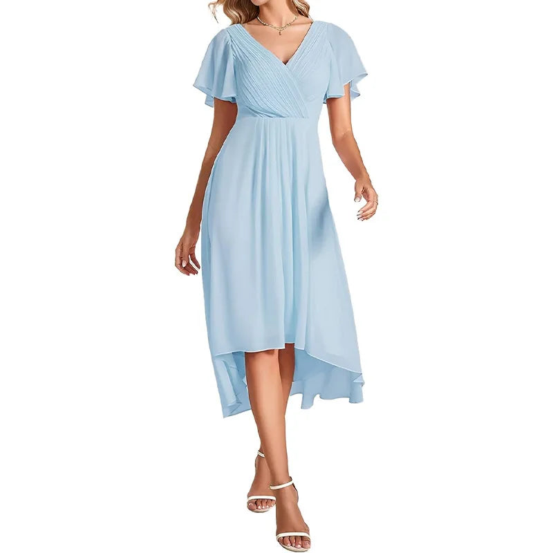 Women's Pleated Double V-Neck Halter Short Sleeve Chiffon Party Bridesmaid Cocktail Dress