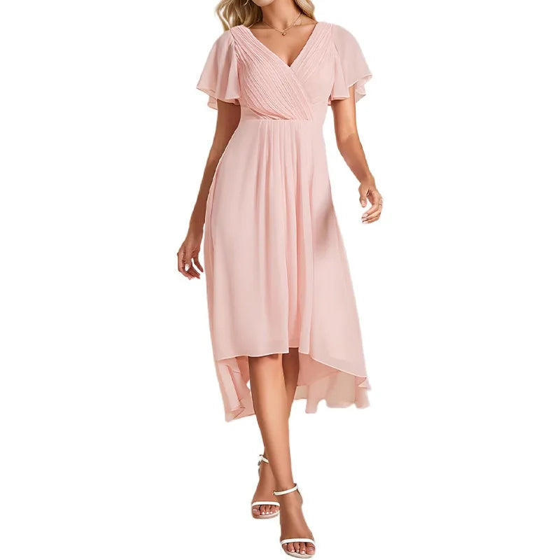 Women's Pleated Double V-Neck Halter Short Sleeve Chiffon Party Bridesmaid Cocktail Dress