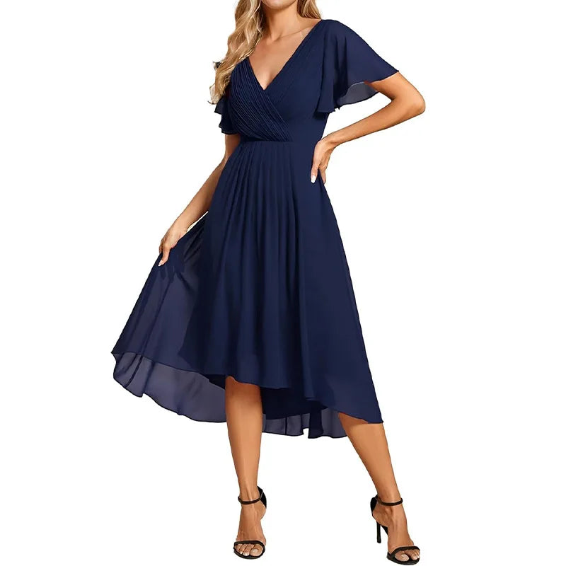 Women's Pleated Double V-Neck Halter Short Sleeve Chiffon Party Bridesmaid Cocktail Dress