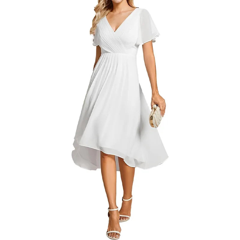 Women's Pleated Double V-Neck Halter Short Sleeve Chiffon Party Bridesmaid Cocktail Dress