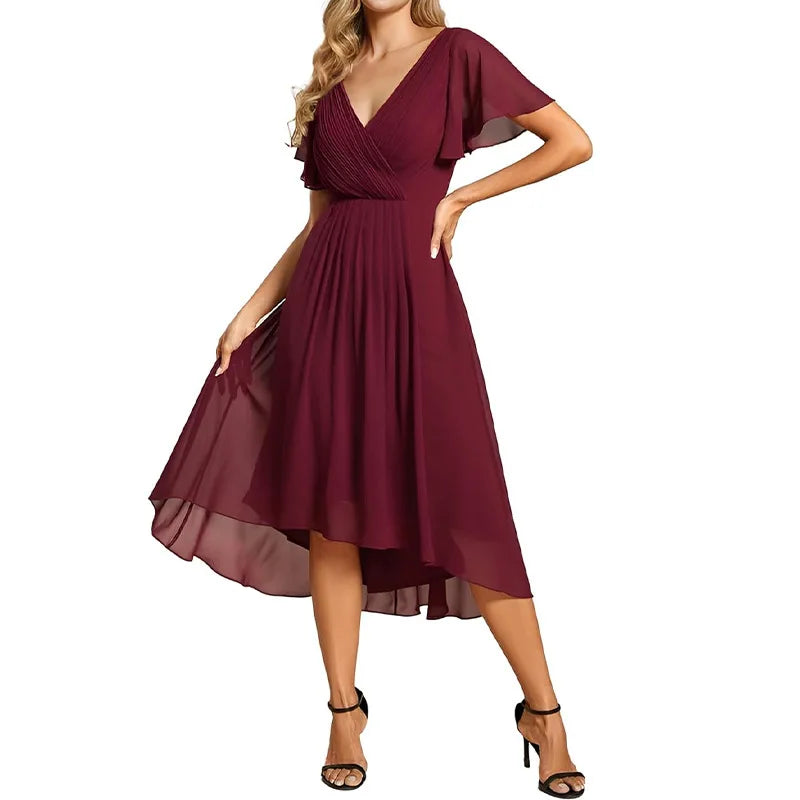 Women's Pleated Double V-Neck Halter Short Sleeve Chiffon Party Bridesmaid Cocktail Dress