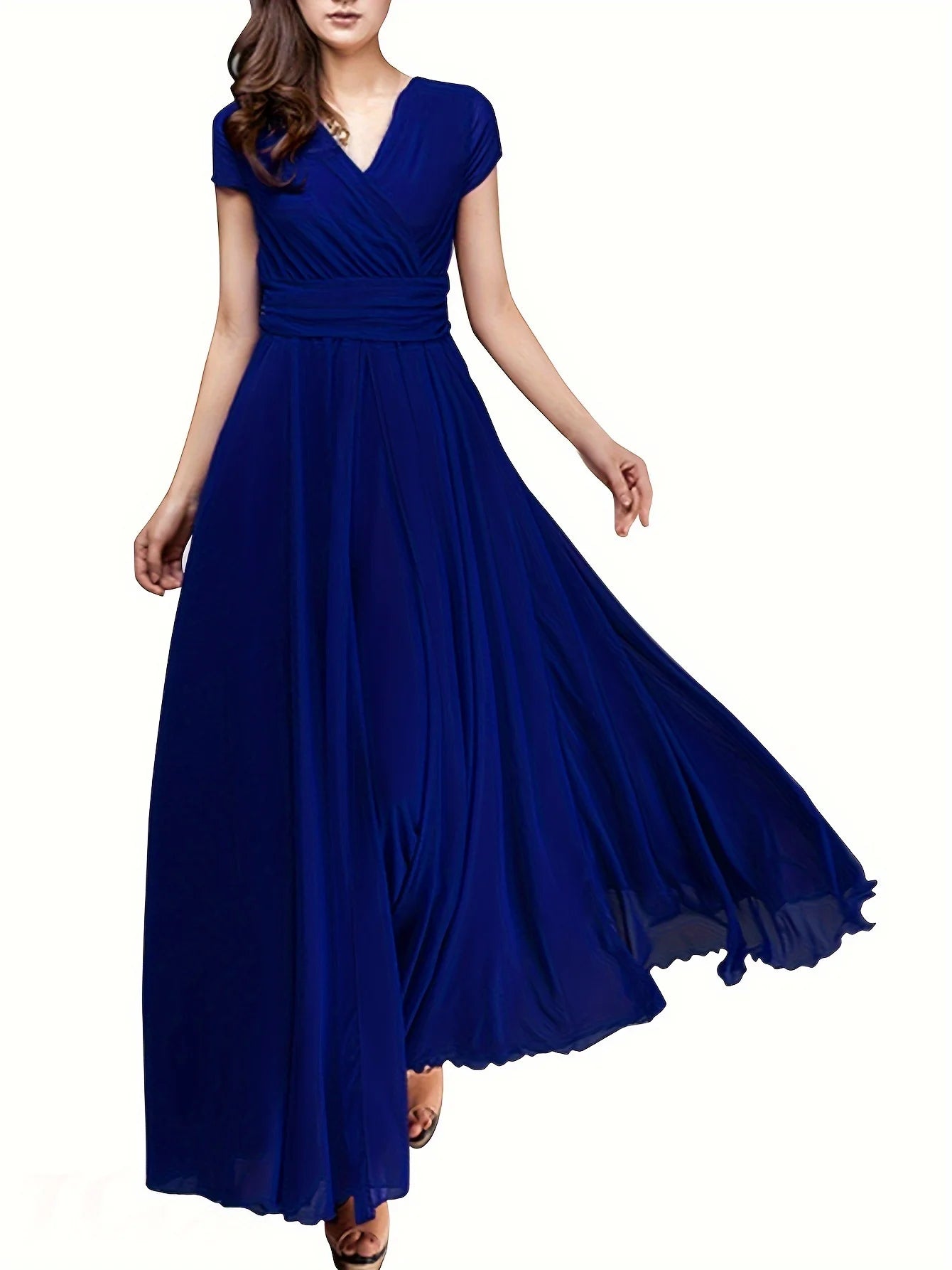 Zipper Solid Elegant V-neck Ruched Bridesmaid Dress