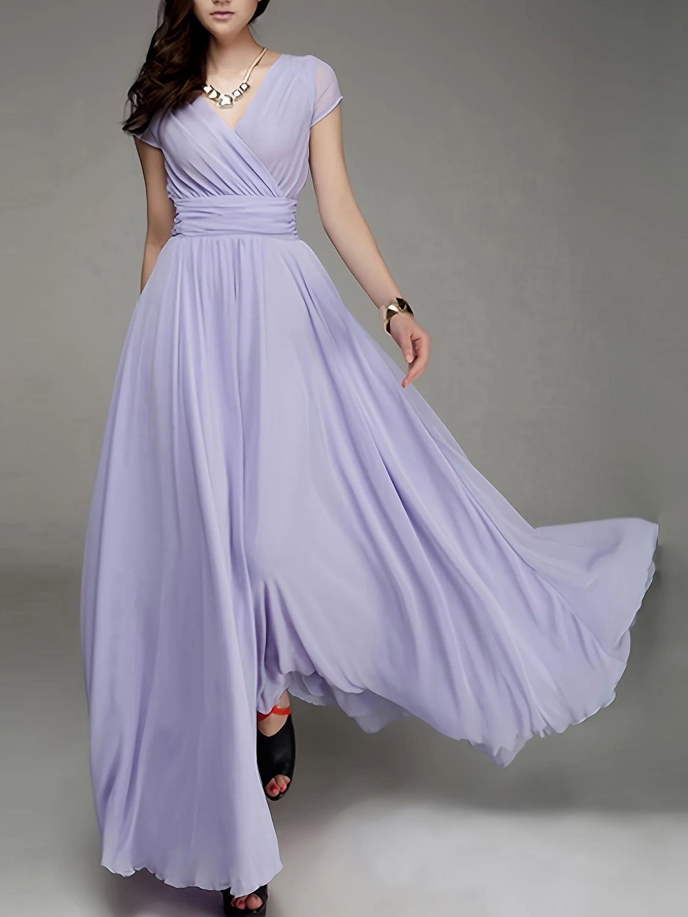 Zipper Solid Elegant V-neck Ruched Bridesmaid Dress