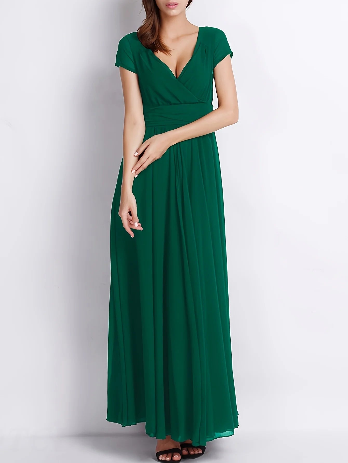 Zipper Solid Elegant V-neck Ruched Bridesmaid Dress