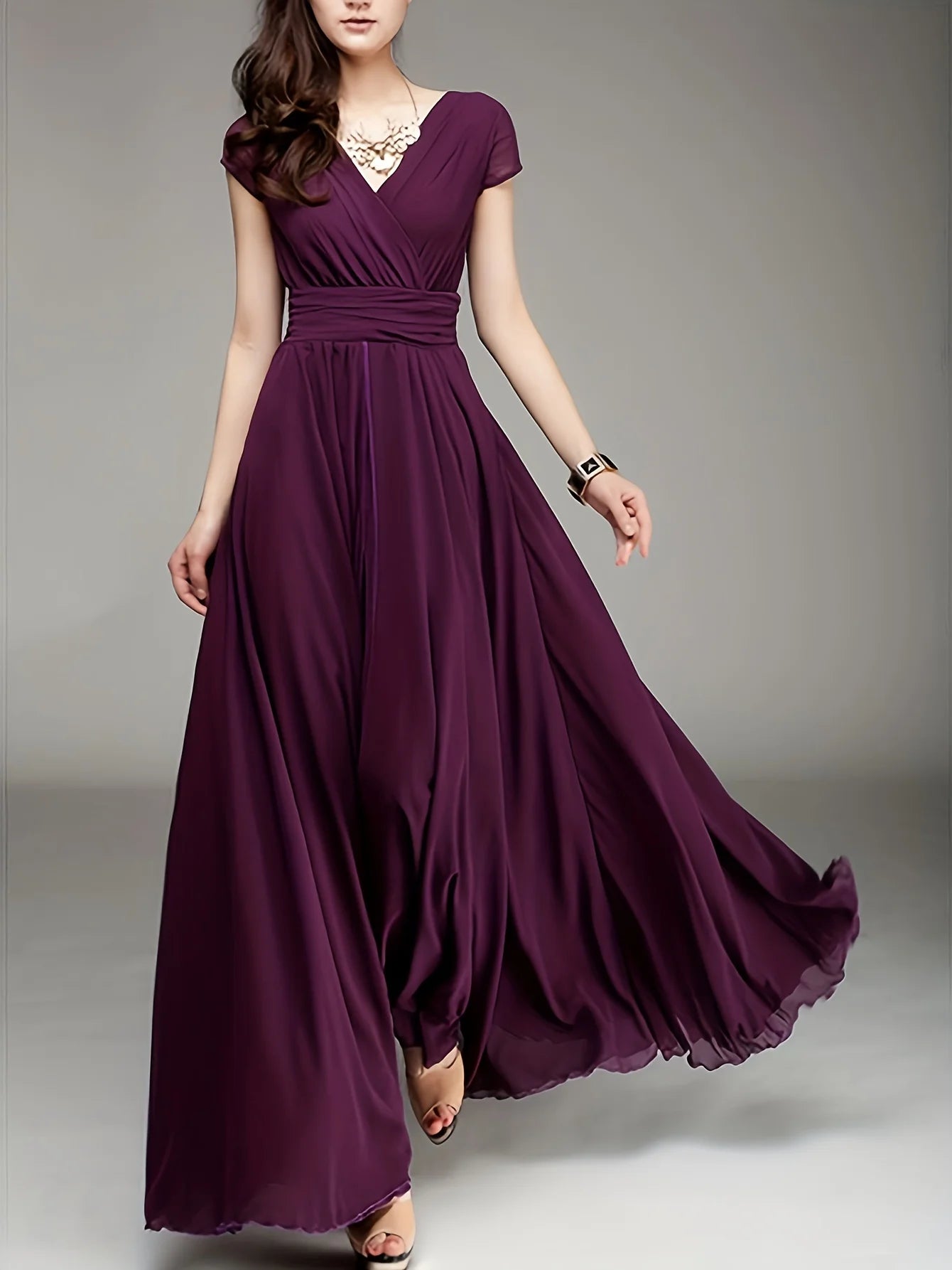 Zipper Solid Elegant V-neck Ruched Bridesmaid Dress