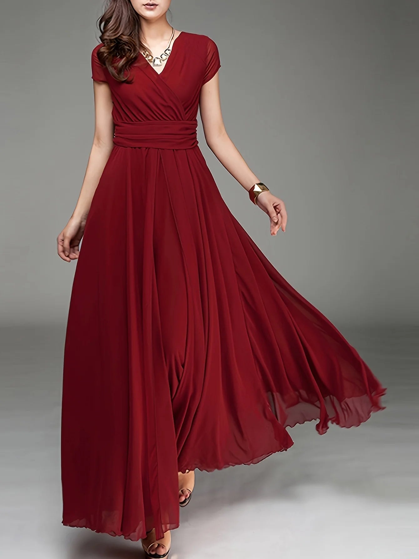 Zipper Solid Elegant V-neck Ruched Bridesmaid Dress