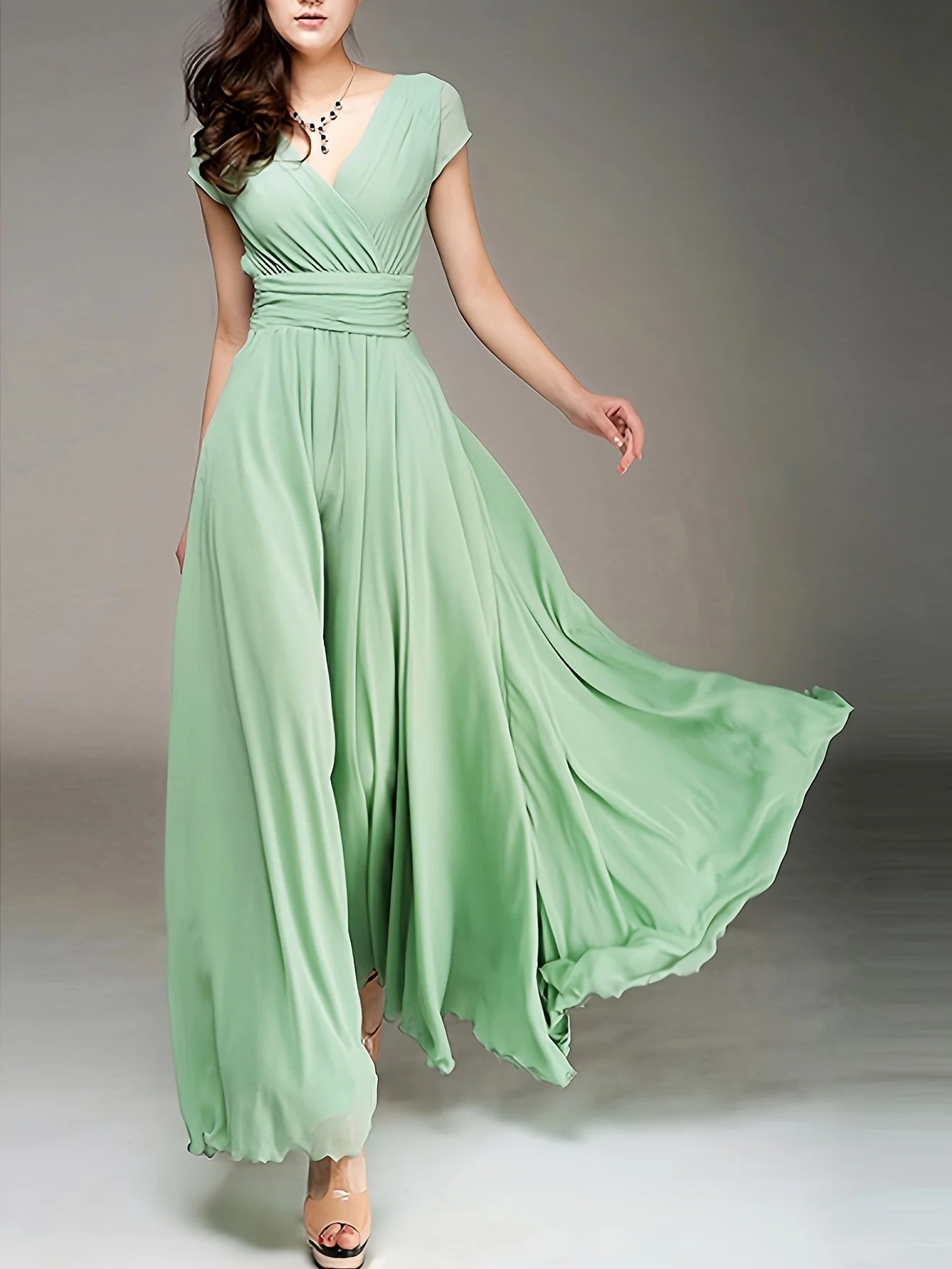 Zipper Solid Elegant V-neck Ruched Bridesmaid Dress