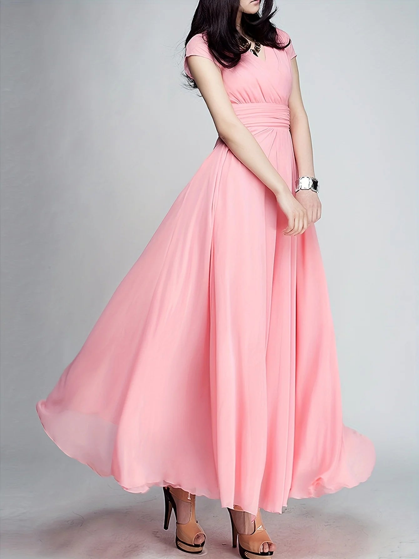 Zipper Solid Elegant V-neck Ruched Bridesmaid Dress