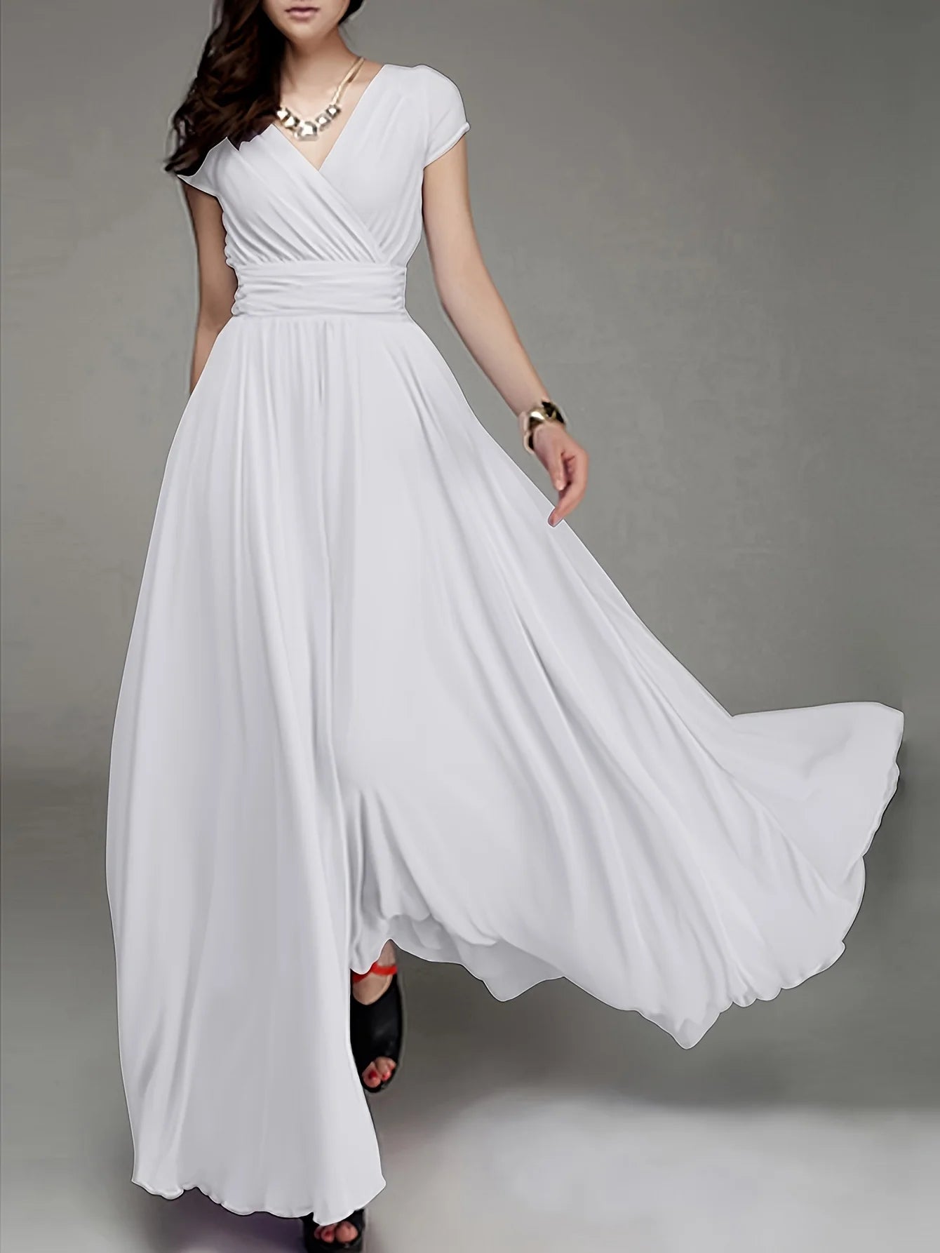 Zipper Solid Elegant V-neck Ruched Bridesmaid Dress