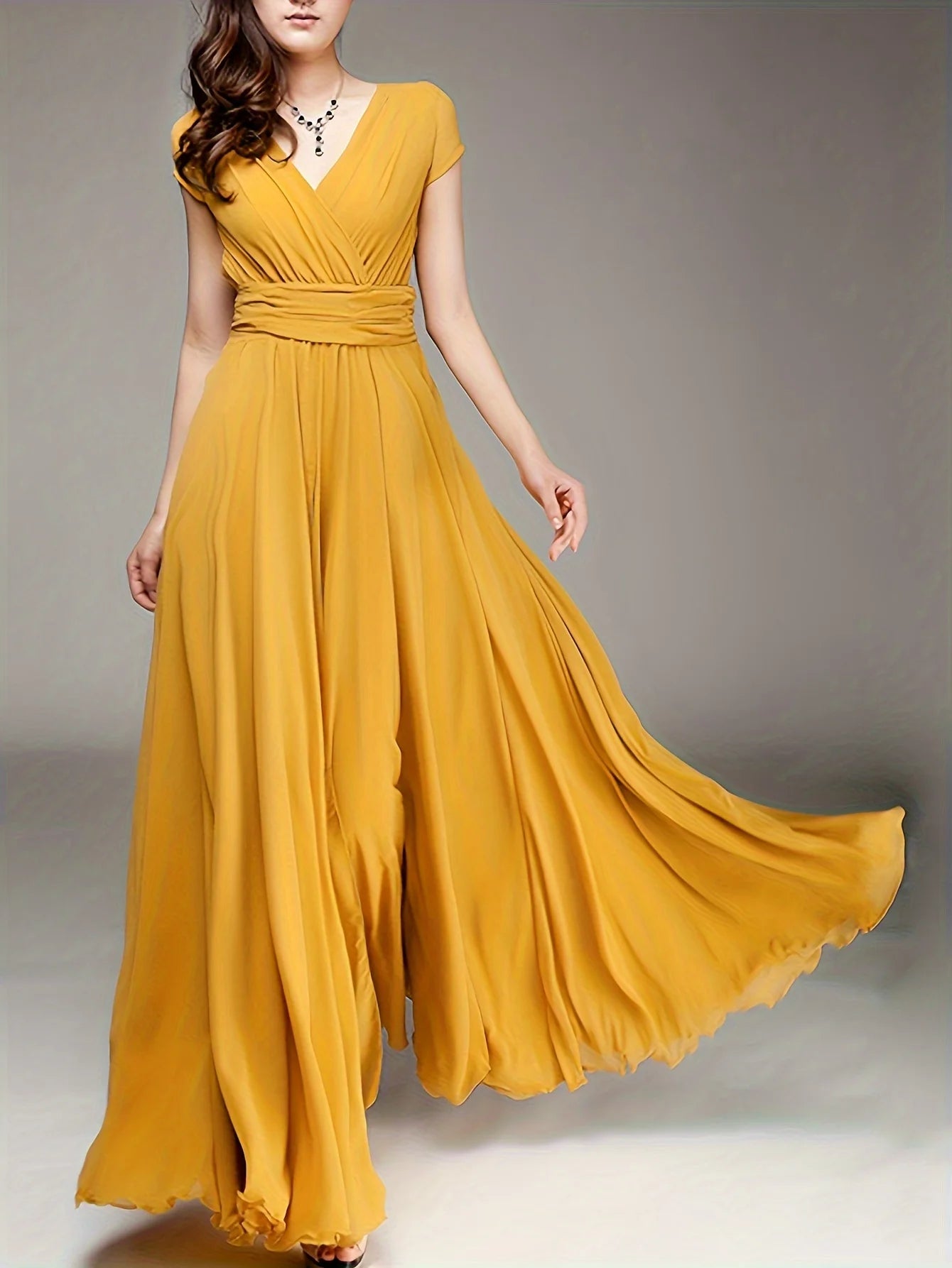 Zipper Solid Elegant V-neck Ruched Bridesmaid Dress