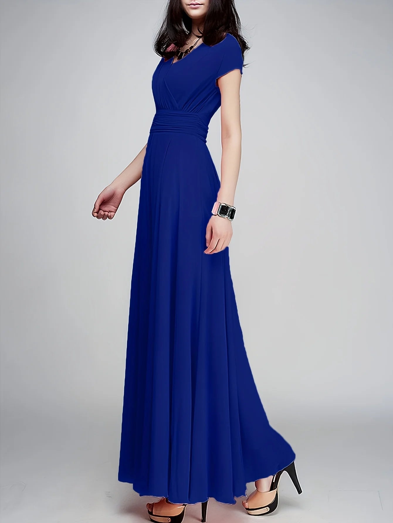 Zipper Solid Elegant V-neck Ruched Bridesmaid Dress