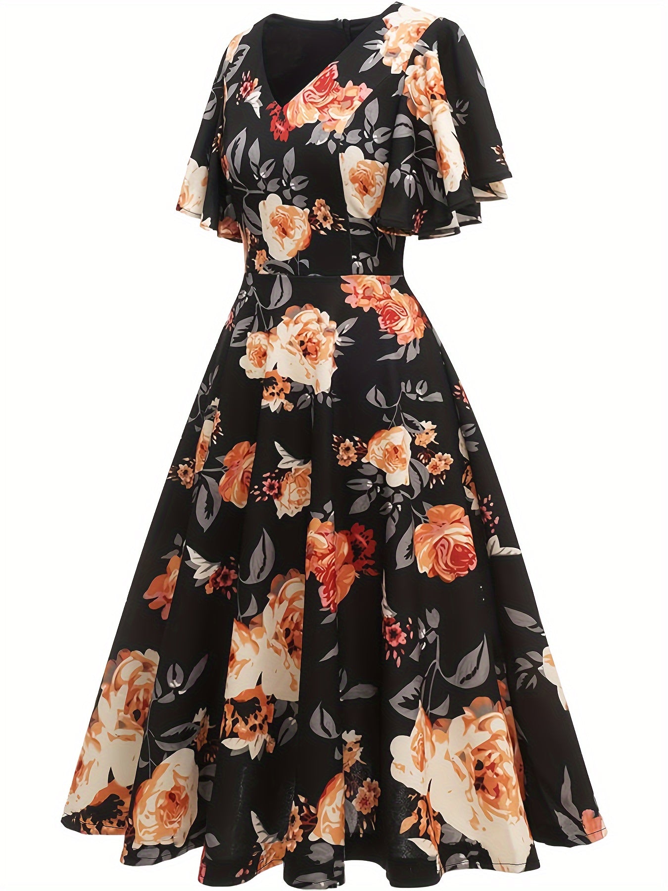 Floral Print Flutter Sleeve Dress, Casual V-neck Dress For Spring & Summer, Women's Clothing