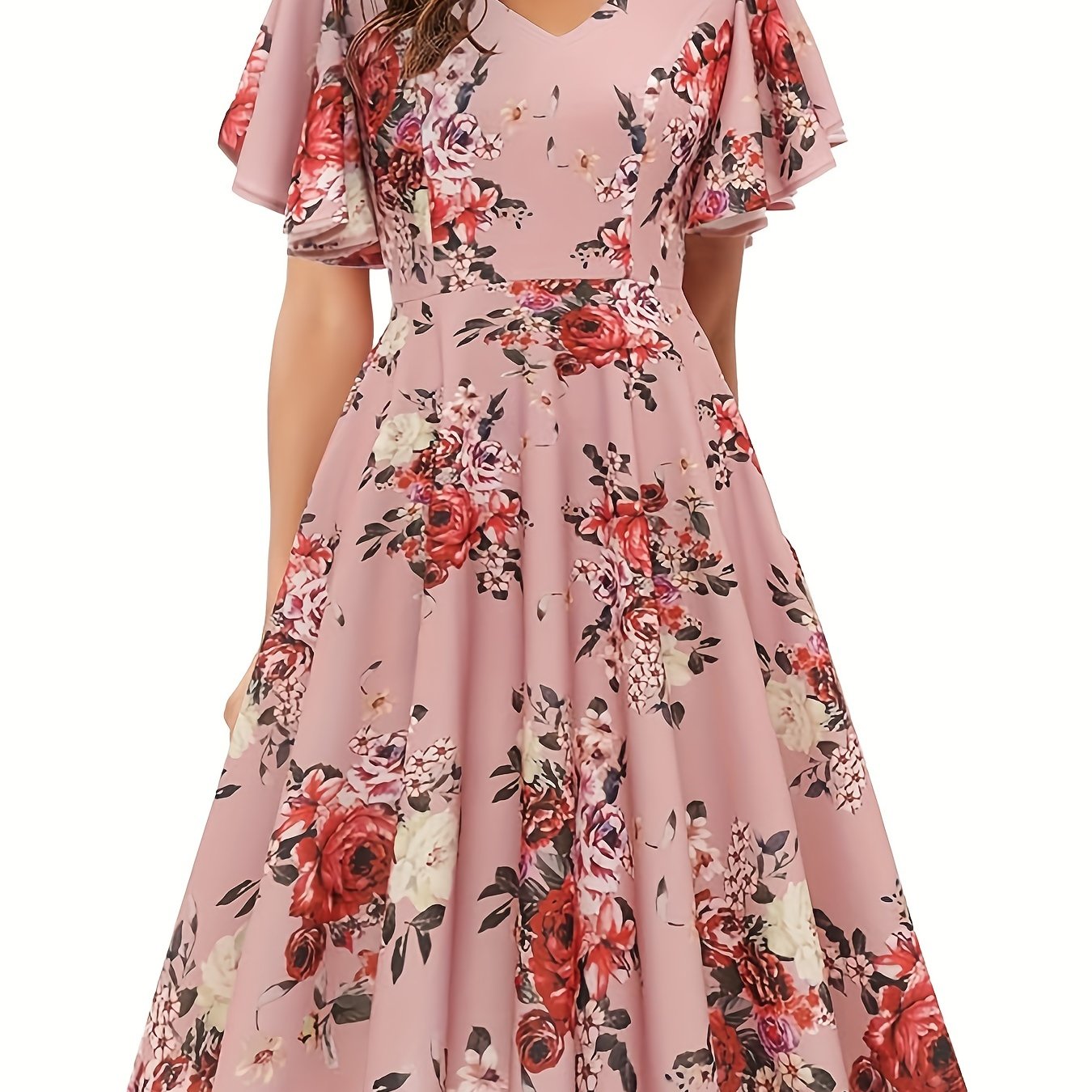 Floral Print Flutter Sleeve Dress, Casual V-neck Dress For Spring & Summer, Women's Clothing