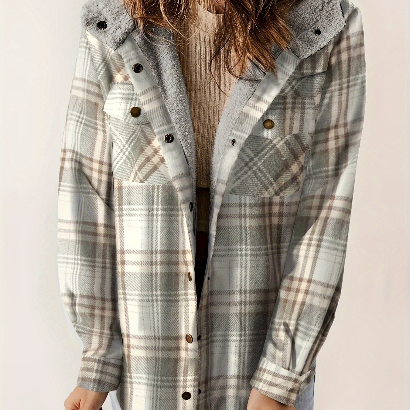 Plaid Pattern Hooded Jacket, Casual Button Front Long Sleeve Outerwear, Women's Clothing