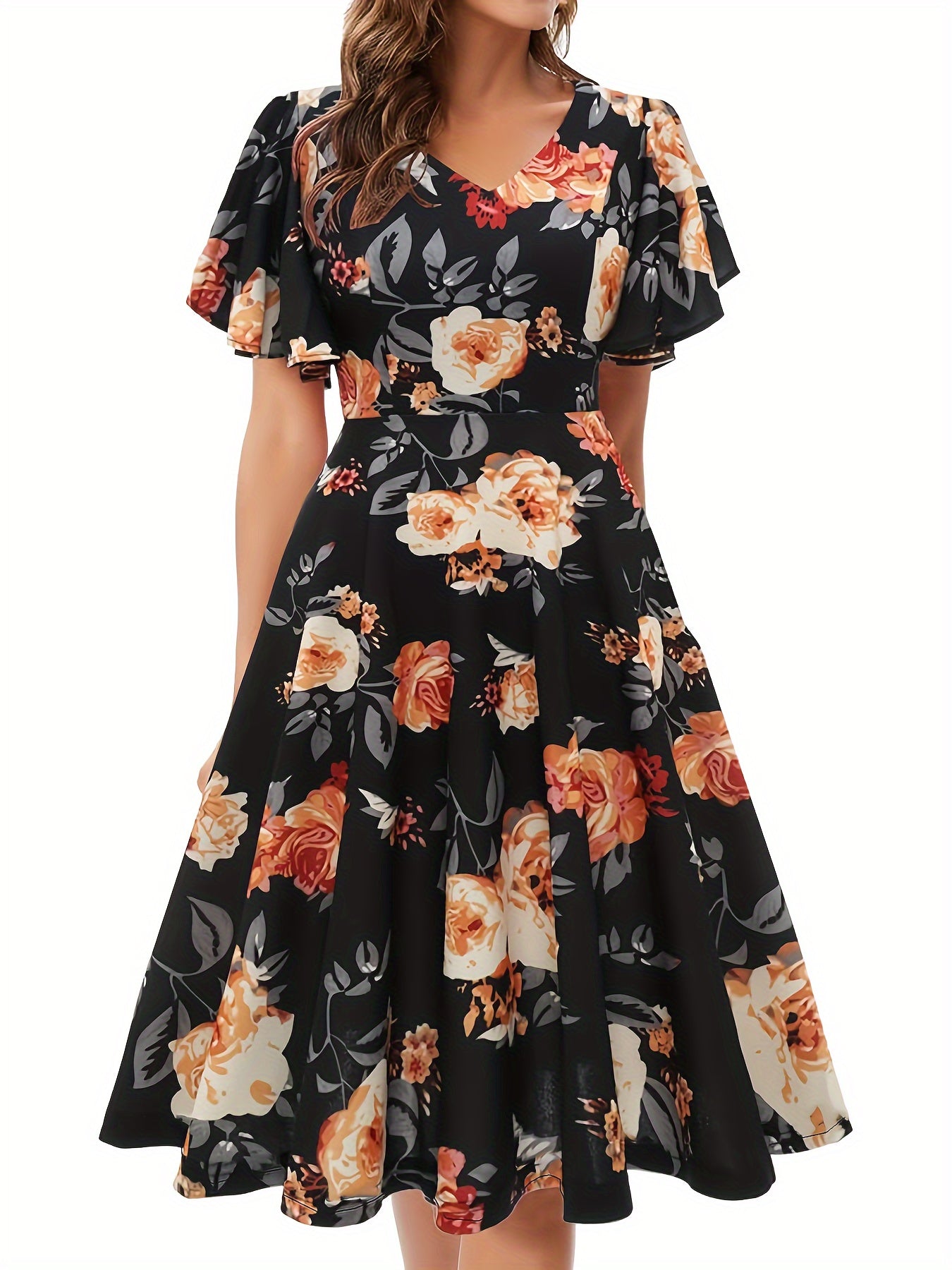 Floral Print Flutter Sleeve Dress, Casual V-neck Dress For Spring & Summer, Women's Clothing