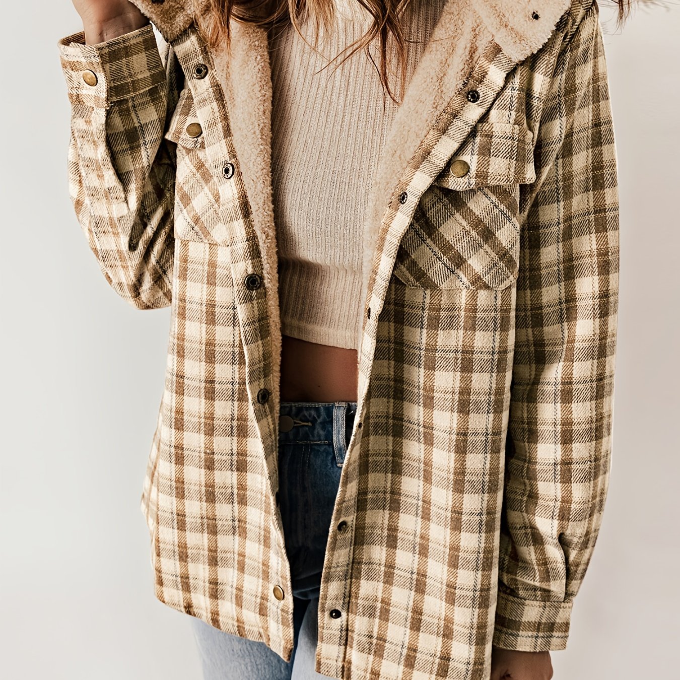 Plaid Pattern Hooded Jacket, Casual Button Front Long Sleeve Outerwear, Women's Clothing