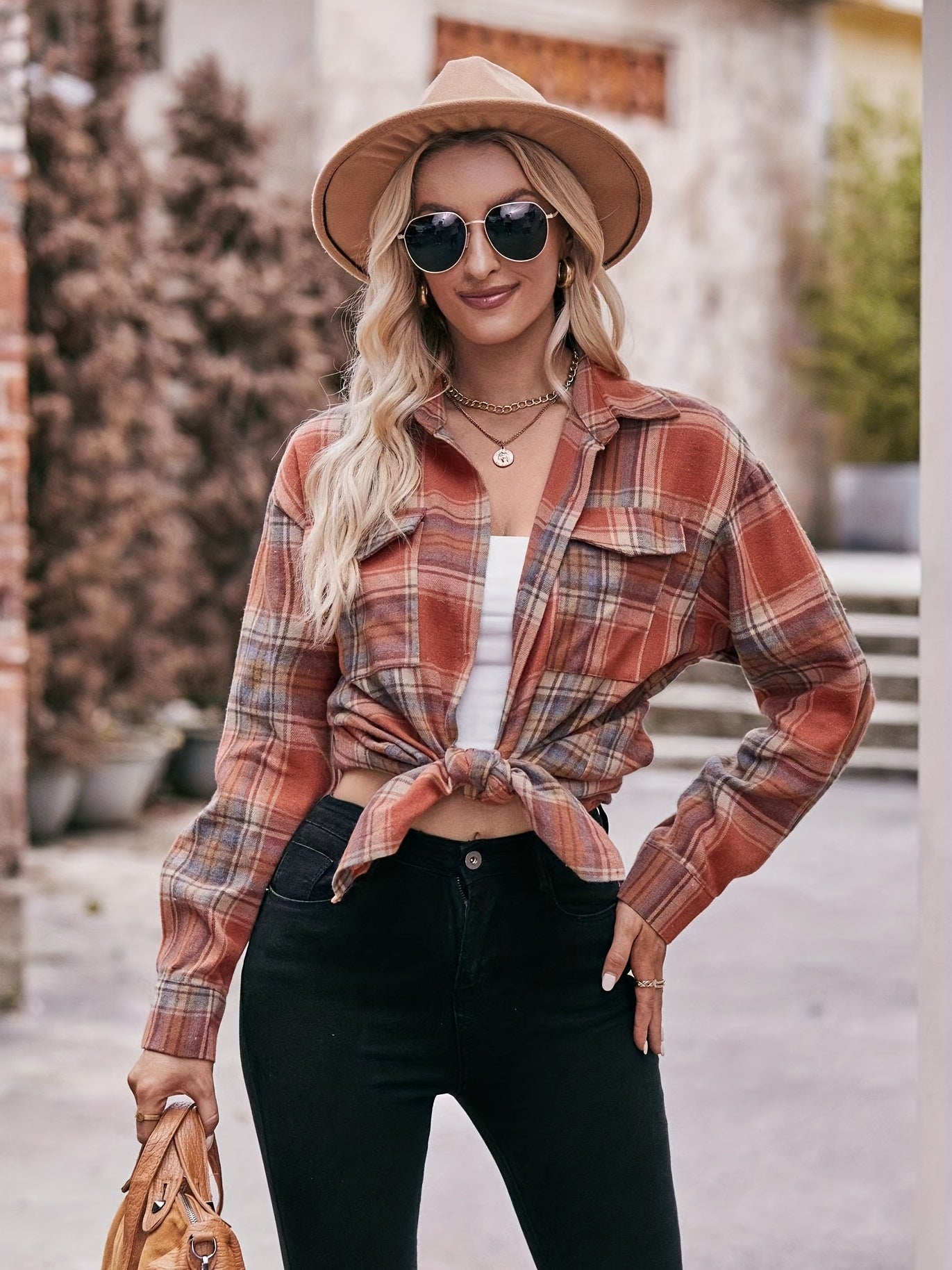 Plaid Print Polo Collar Button Shirt, Casual Long Sleeve Shirt For Spring & Fall, Women's Clothing