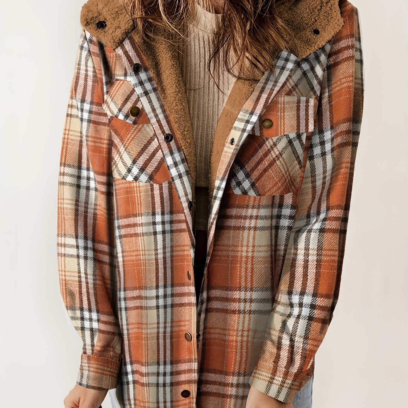 Plaid Pattern Hooded Jacket, Casual Button Front Long Sleeve Outerwear, Women's Clothing