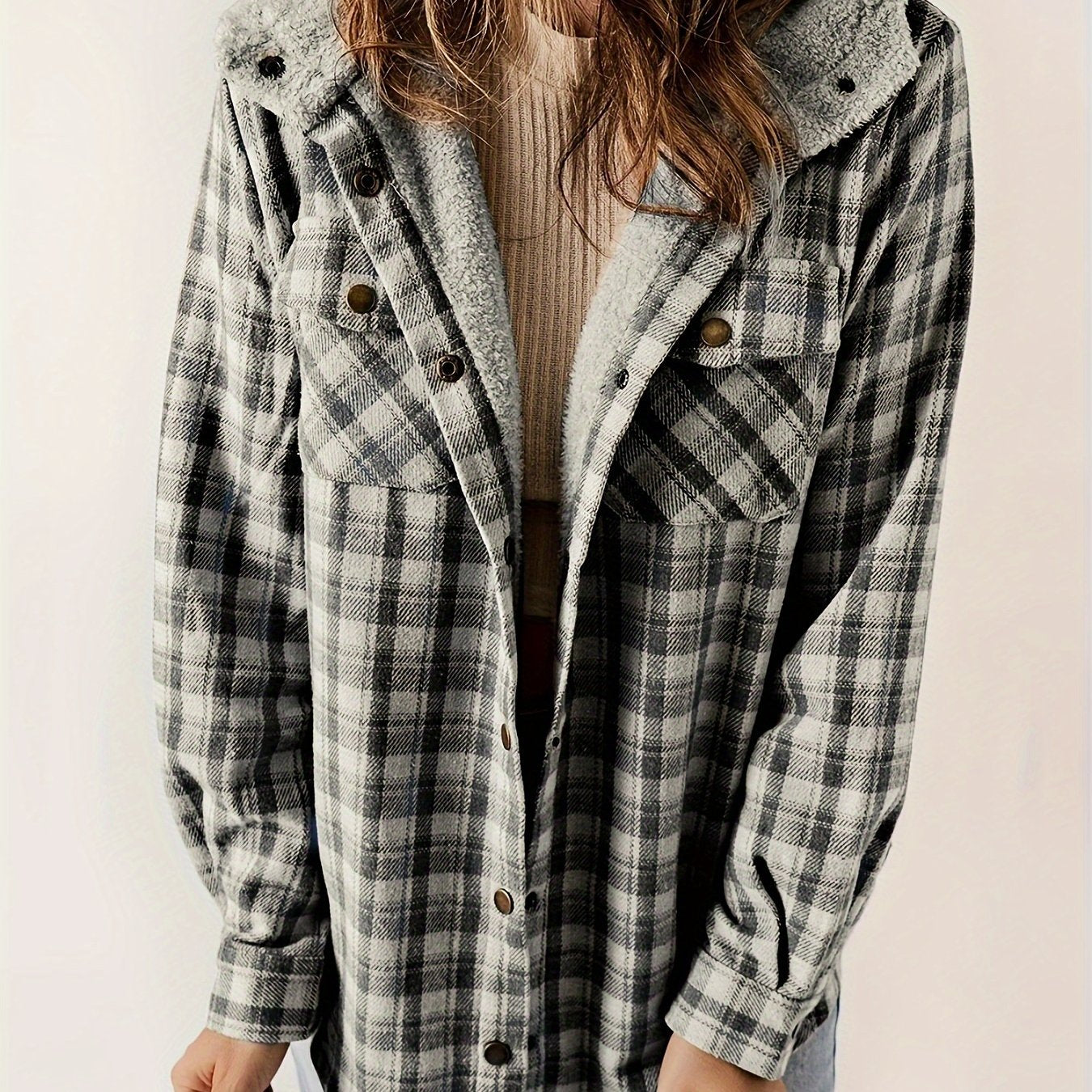 Plaid Pattern Hooded Jacket, Casual Button Front Long Sleeve Outerwear, Women's Clothing